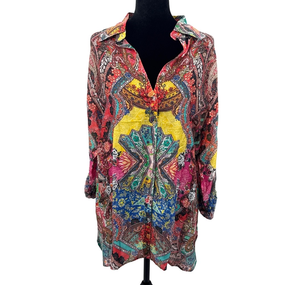 Rhea Womens Paisley Floral Button Down Shirt Multi Color Viscose Blouse Size M